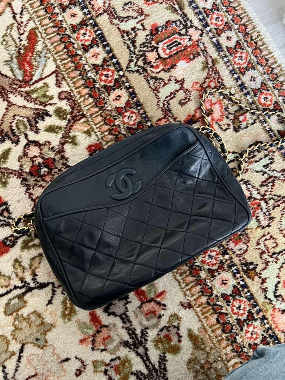 CHANEL Black Quilted Lambskin Camera Bag with Gold Chain inspired